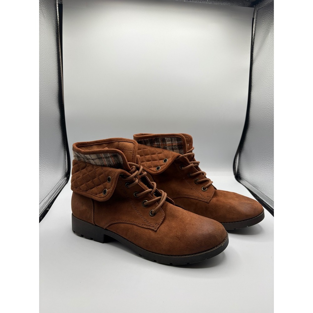 Arizona Jean Co Yvonne Brown Faux Suede Plaid Fold Over Ankle Boots Womens 10M